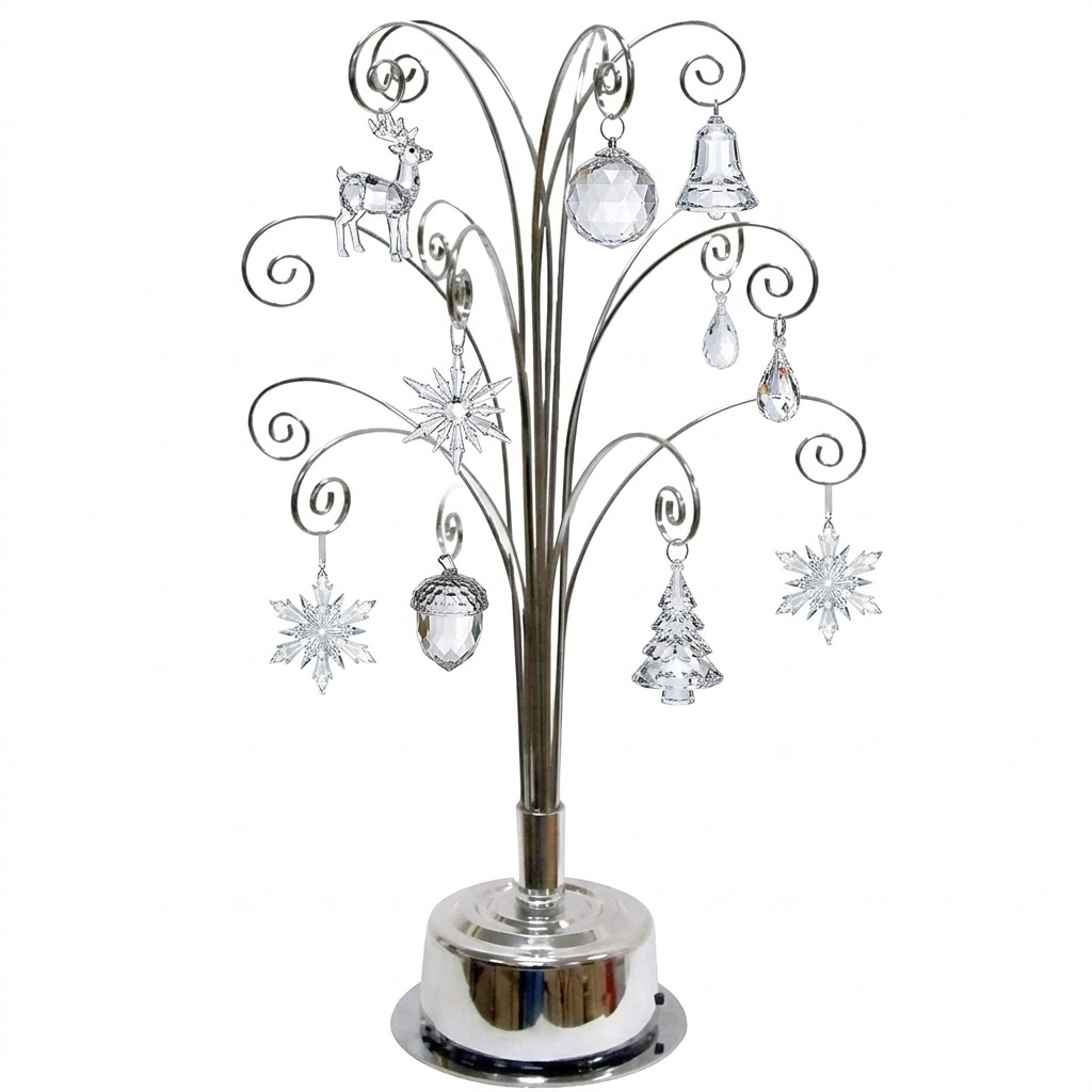 HOHIYA 16.75 Inch Mini Rotating Ornament Display Tre, 3-Tier Metal Stand with 15 Hooks Small Tabletop Christmas Tree for Jewelry Charms and Keepsakes Silver Chrome